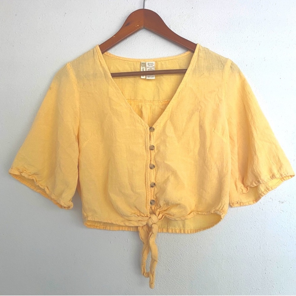 Japna Yellow Flax Tie-Front Button-Down Crop Top M